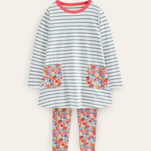 MINI BODEN Dusk Blue Stripe Floral Tunic and Legging Set Size 6-7